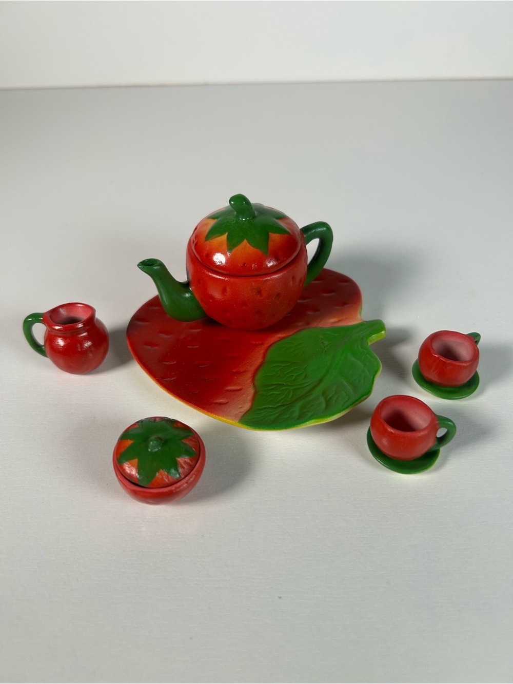 Ceramic miniature strawberry teaset doll house size Ten piece Made In Taiwan